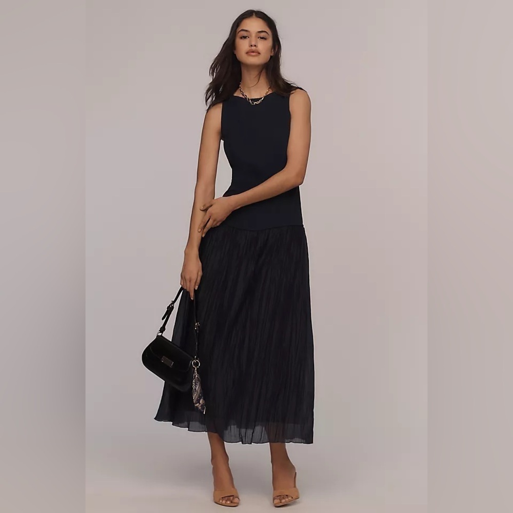 Reformation Cyra twofer pleated drop waist dress in midnight navy blue